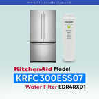 A stainless steel KitchenAid refrigerator shown next to a white cylindrical water filter cartridge on a pale blue-green background, with text reading 'KitchenAid Model KRFC300ESS07 Water Filter EDR4RXD1' and the website 'www.fitsyourfridge.