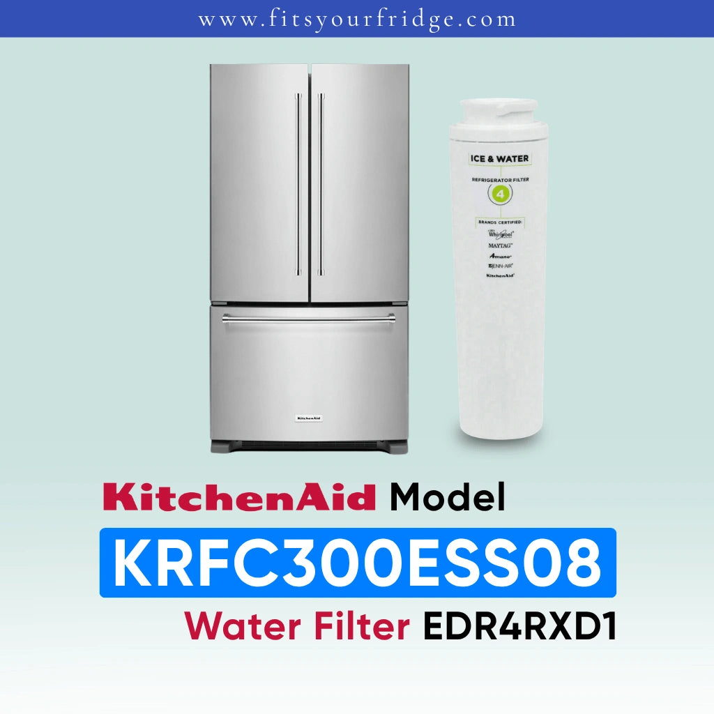 A KitchenAid water filter cartridge shown next to a stainless steel French door refrigerator on a light blue gradient background, with text identifying the model KRFC300ESS08 and water filter EDR4RXD1.