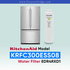 A KitchenAid water filter cartridge shown next to a stainless steel French door refrigerator on a light blue gradient background, with text identifying the model KRFC300ESS08 and water filter EDR4RXD1.