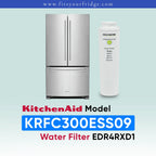 A KitchenAid French-door refrigerator shown next to a white water filter canister on a pale blue gradient background, with text reading 'KitchenAid Model KRFC300ESS09 Water Filter EDR4RXD1' and 'www.fitsyourfridge.