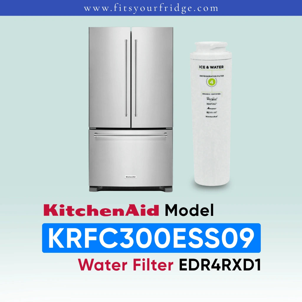A KitchenAid French-door refrigerator shown next to a white water filter canister on a pale blue gradient background, with text reading 'KitchenAid Model KRFC300ESS09 Water Filter EDR4RXD1' and 'www.fitsyourfridge.