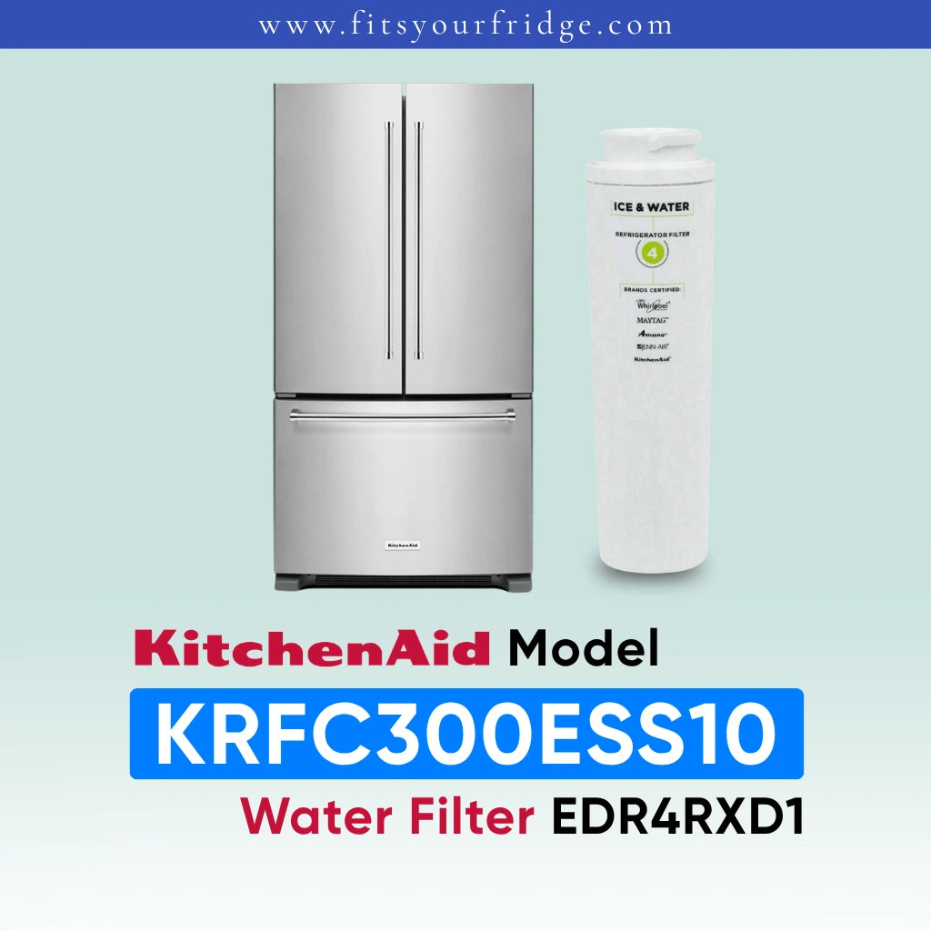 A KitchenAid French-door refrigerator shown next to a white water filter canister on a pale blue gradient background, with text reading 'KitchenAid Model KRFC300ESS10 Water Filter EDR4RXD1' and the website 'www.fitsyourfridge.