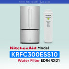 A KitchenAid French-door refrigerator shown next to a white water filter canister on a pale blue gradient background, with text reading 'KitchenAid Model KRFC300ESS10 Water Filter EDR4RXD1' and the website 'www.fitsyourfridge.