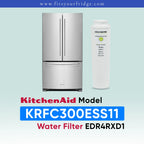 A KitchenAid French-door refrigerator shown next to a white water filter canister on a pale blue gradient background, with text reading 'KitchenAid Model KRFC300ESS11 Water Filter EDR4RXD1' and the website 'www.fitsyourfridge.