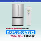 A KitchenAid stainless steel French door refrigerator shown next to a white KitchenAid water filter cartridge, with text reading 'KitchenAid Model KRFC300ESS12 Water Filter EDR4RXD1' on a pale blue gradient background.
