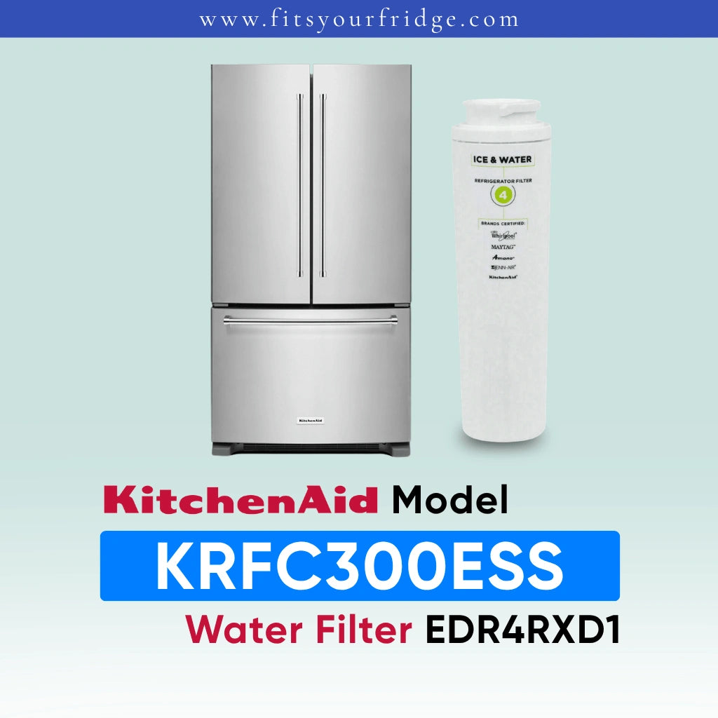 A KitchenAid refrigerator shown next to a white KitchenAid water filter cartridge on a pale blue gradient background, with text reading 'KitchenAid Model KRFC300ESS Water Filter EDR4RXD1' and 'www.fitsyourfridge.