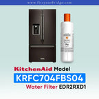 KitchenAid water filter bottle next to a dark stainless steel French door refrigerator, with text reading 'KitchenAid Model KRFC704FBS Water Filter EDR2RXD1' on a pale blue gradient background.