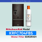KitchenAid French door refrigerator in black stainless steel shown next to an EveryDrop Refrigerator Water Filter 2. Text on the image confirms compatibility: "KitchenAid Model KRFC704FBS Water Filter EDR2RXD1", with the website www.fitsyourfridge.com displayed in a blue banner at the top.