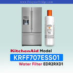 KitchenAid water filter bottle next to a stainless steel French door refrigerator, with text reading 'KitchenAid Model KRFF707ESS Water Filter EDR2RXD1' on a pale blue gradient background.