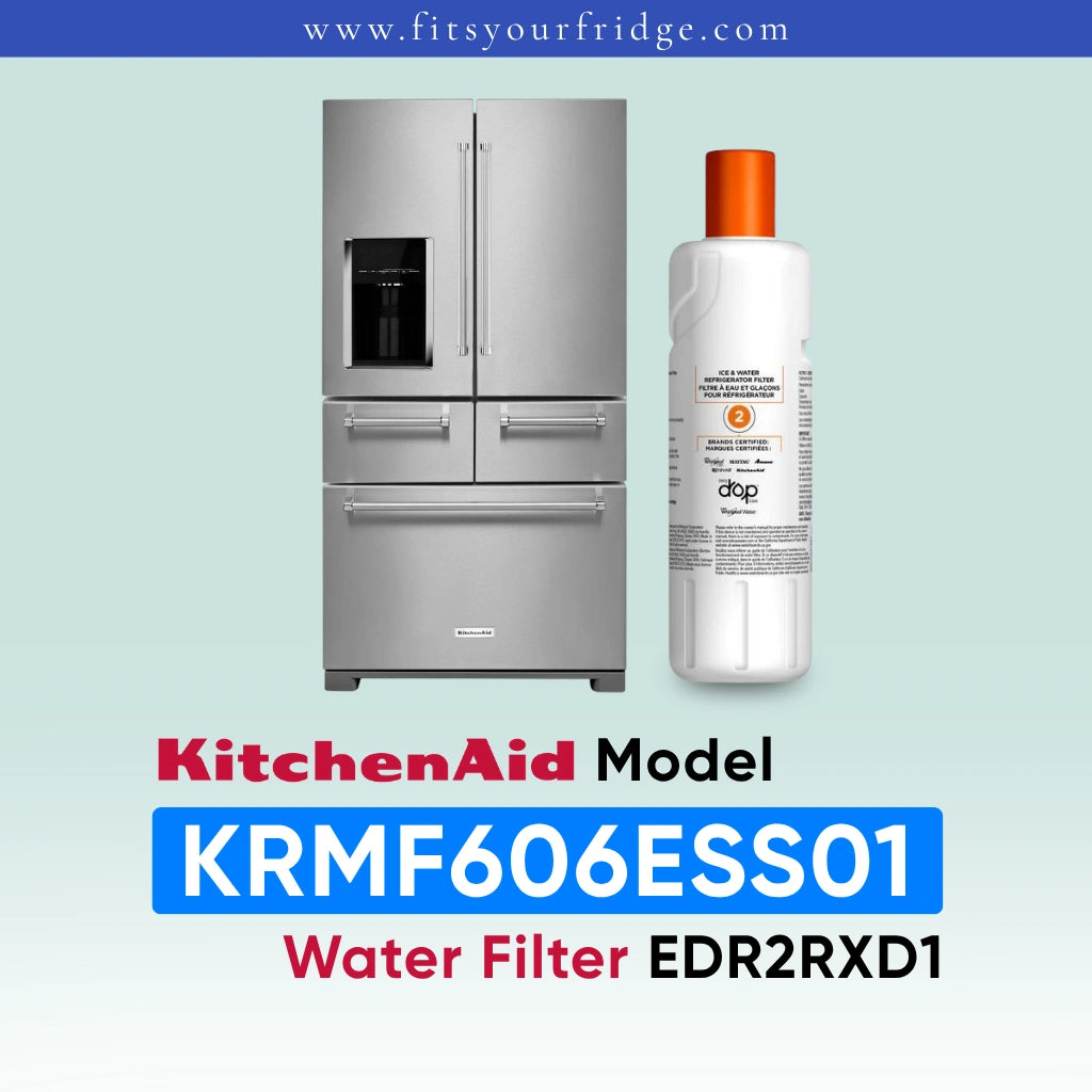 KitchenAid water filter bottle next to a stainless steel French door refrigerator, with text reading 'KitchenAid Model KRMF606ESS01 Water Filter EDR2RXD1' on a pale blue gradient background.
