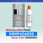 KitchenAid water filter bottle next to a stainless steel French door refrigerator, with text reading 'KitchenAid Model KRMF606ESS Water Filter EDR2RXD1' on a pale blue gradient background.