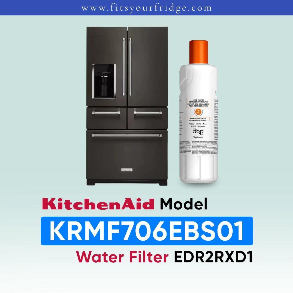 KitchenAid water filter bottle next to a dark stainless steel French door refrigerator, with text reading 'KitchenAid Model KRMF706EBS01 Water Filter EDR2RXD1' on a pale blue gradient background.