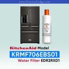 KitchenAid water filter bottle next to a dark stainless steel French door refrigerator, with text reading 'KitchenAid Model KRMF706EBS01 Water Filter EDR2RXD1' on a pale blue gradient background.
