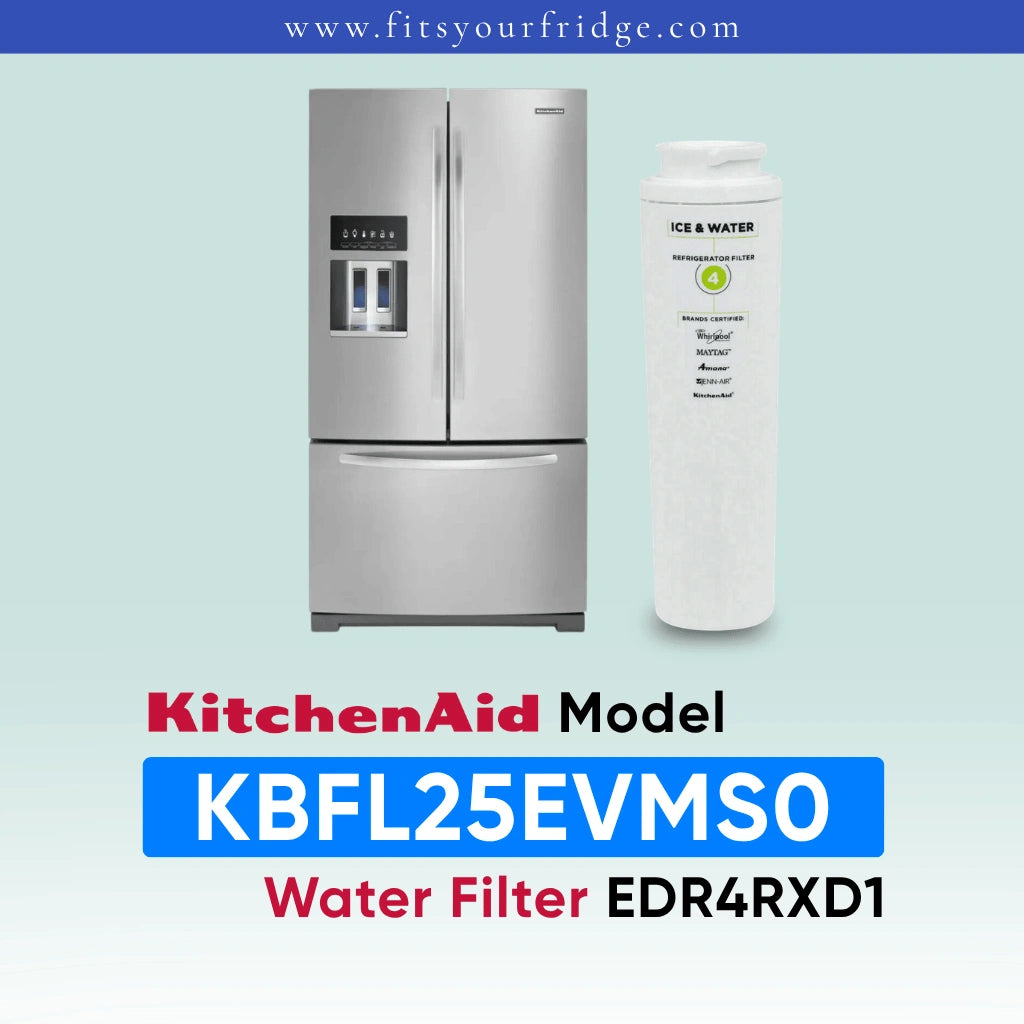 A stainless steel KitchenAid refrigerator shown next to a white cylindrical water filter cartridge on a pale blue-green background, with text reading 'KitchenAid Model KBFL25EVMS0 Water Filter EDR4RXD1' and the website 'www.fitsyourfridge.