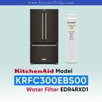 A KitchenAid French-door refrigerator shown next to a white water filter canister on a pale blue gradient background, with text reading 'KitchenAid Model KRFC300EBS00 Water Filter EDR4RXD1' and the website 'www.fitsyourfridge.