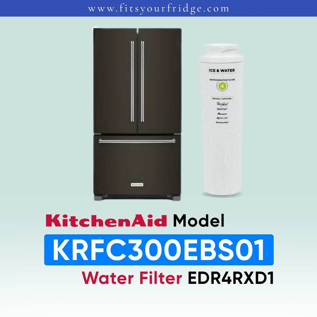 A KitchenAid water filter cartridge shown next to a black French-door refrigerator on a pale blue gradient background, with text reading 'KitchenAid Model KRFC300EBS01 Water Filter EDR4RXD1' and 'www.fitsyourfridge.