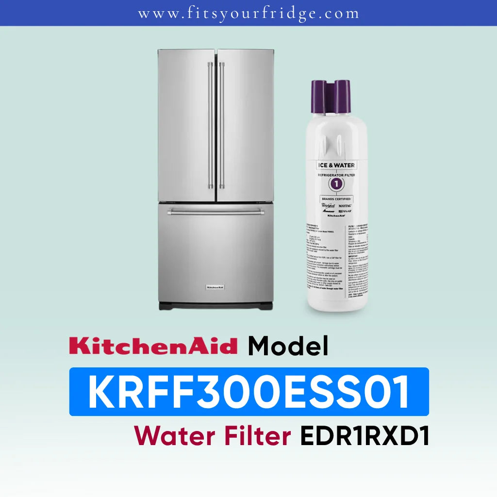 KitchenAid Model KRFF300ESS01 water filter cartridge shown next to a stainless steel side-by-side refrigerator on a light blue gradient background, with the text 'AMANA Model KRFF300ESS01 Water Filter EDR1RXD1' below.