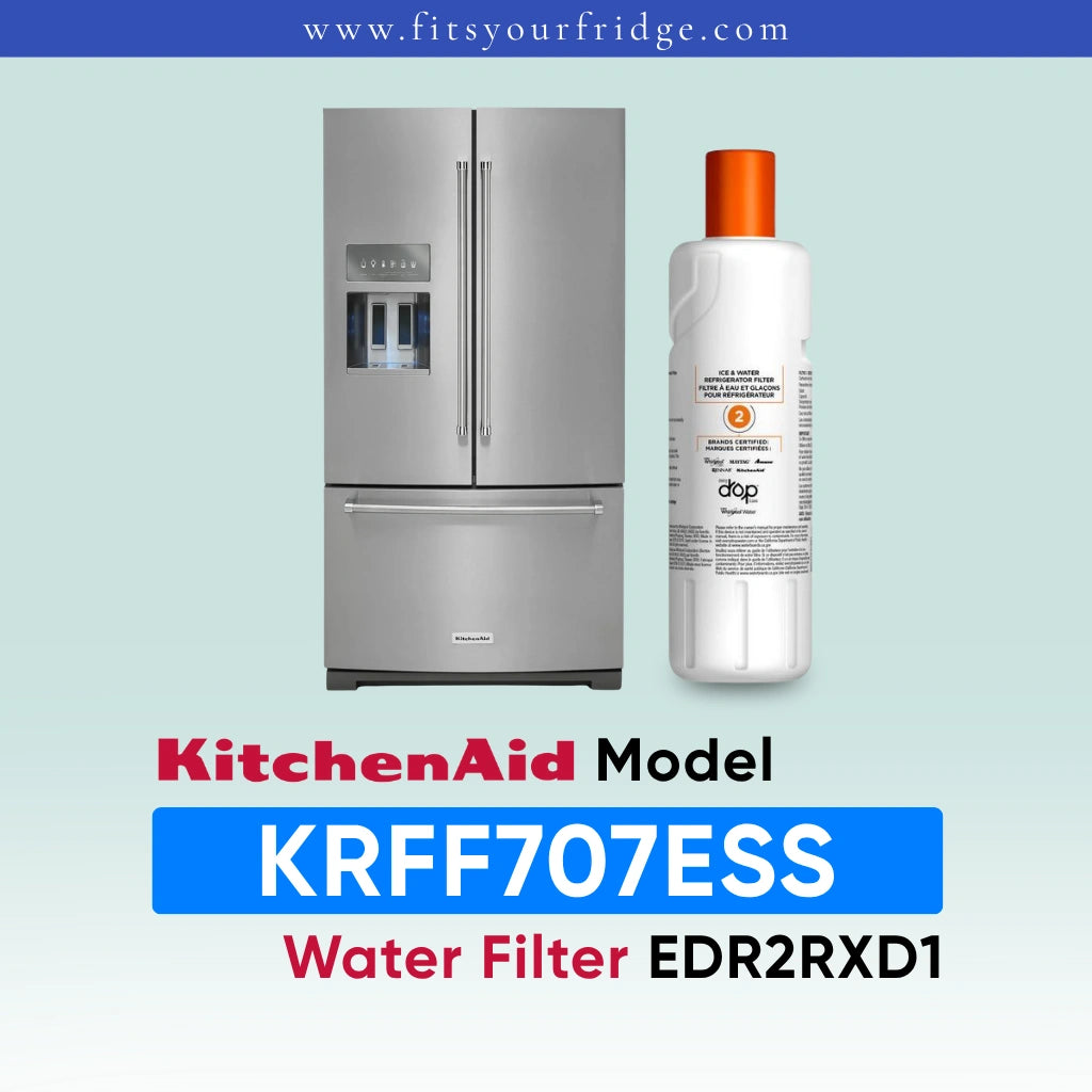 KitchenAid water filter bottle next to a stainless steel French door refrigerator, with text reading 'KitchenAid Model KRFF707ESS Water Filter EDR2RXD1' on a pale blue gradient background.