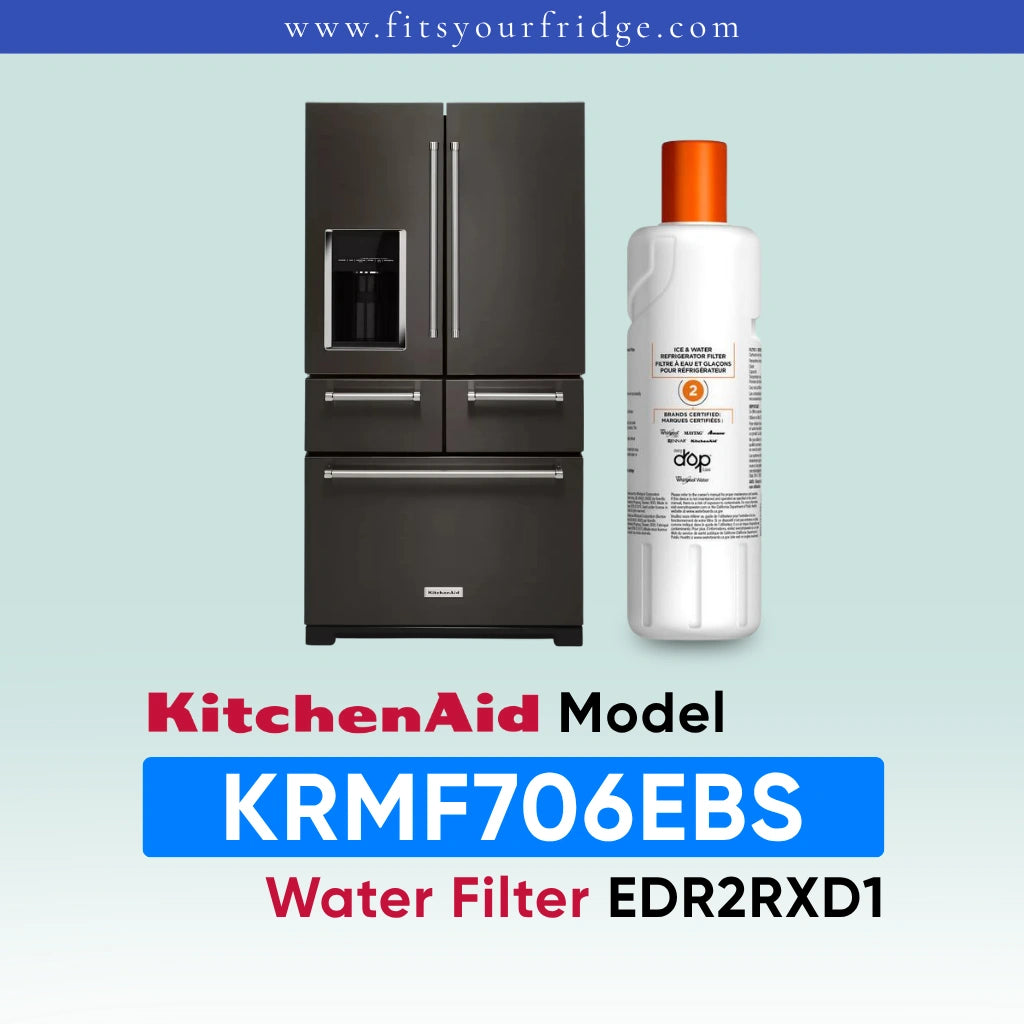 KitchenAid water filter bottle next to a dark stainless steel French door refrigerator, with text reading 'KitchenAid Model KRMF706EBS Water Filter EDR2RXD1' on a pale blue gradient background.