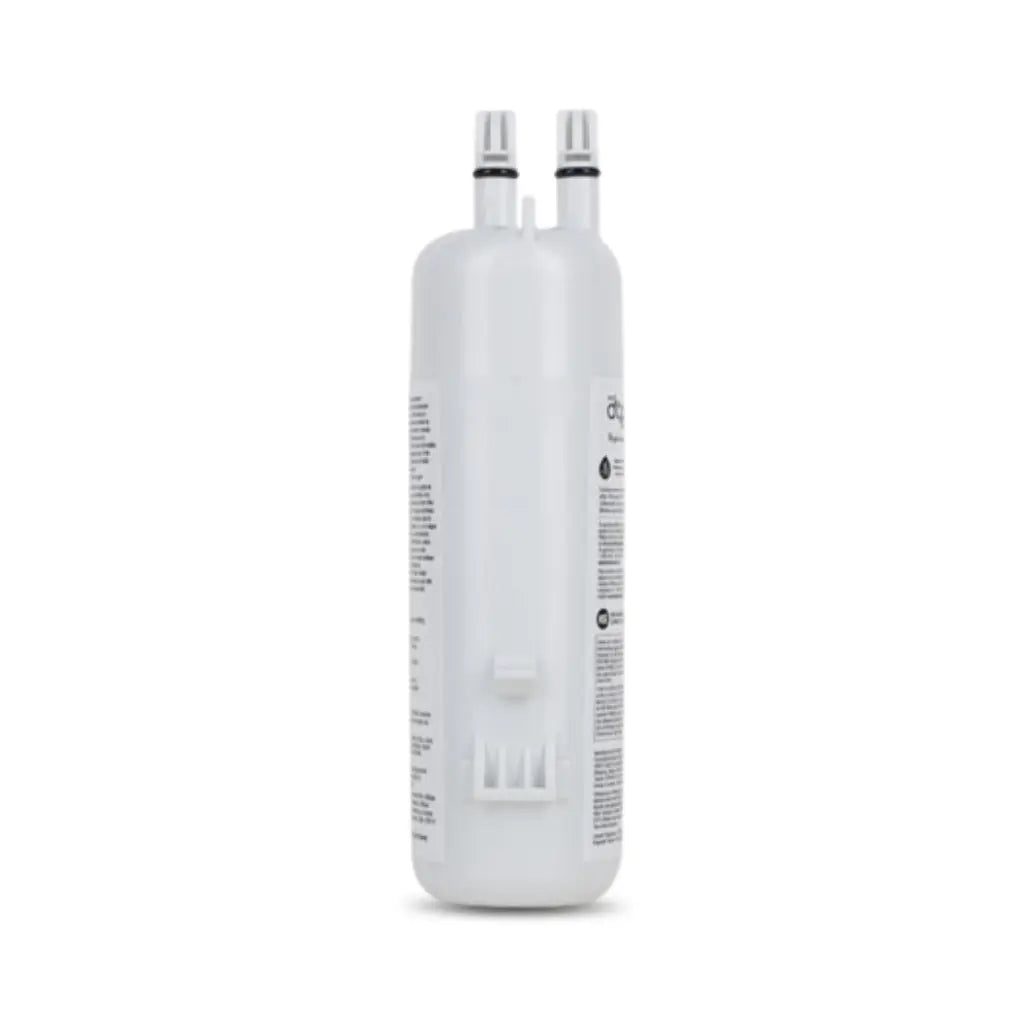 A white cylindrical water filter cartridge with two threaded connection ports at the top and black printed labels on its sides, shown against a plain white background.
