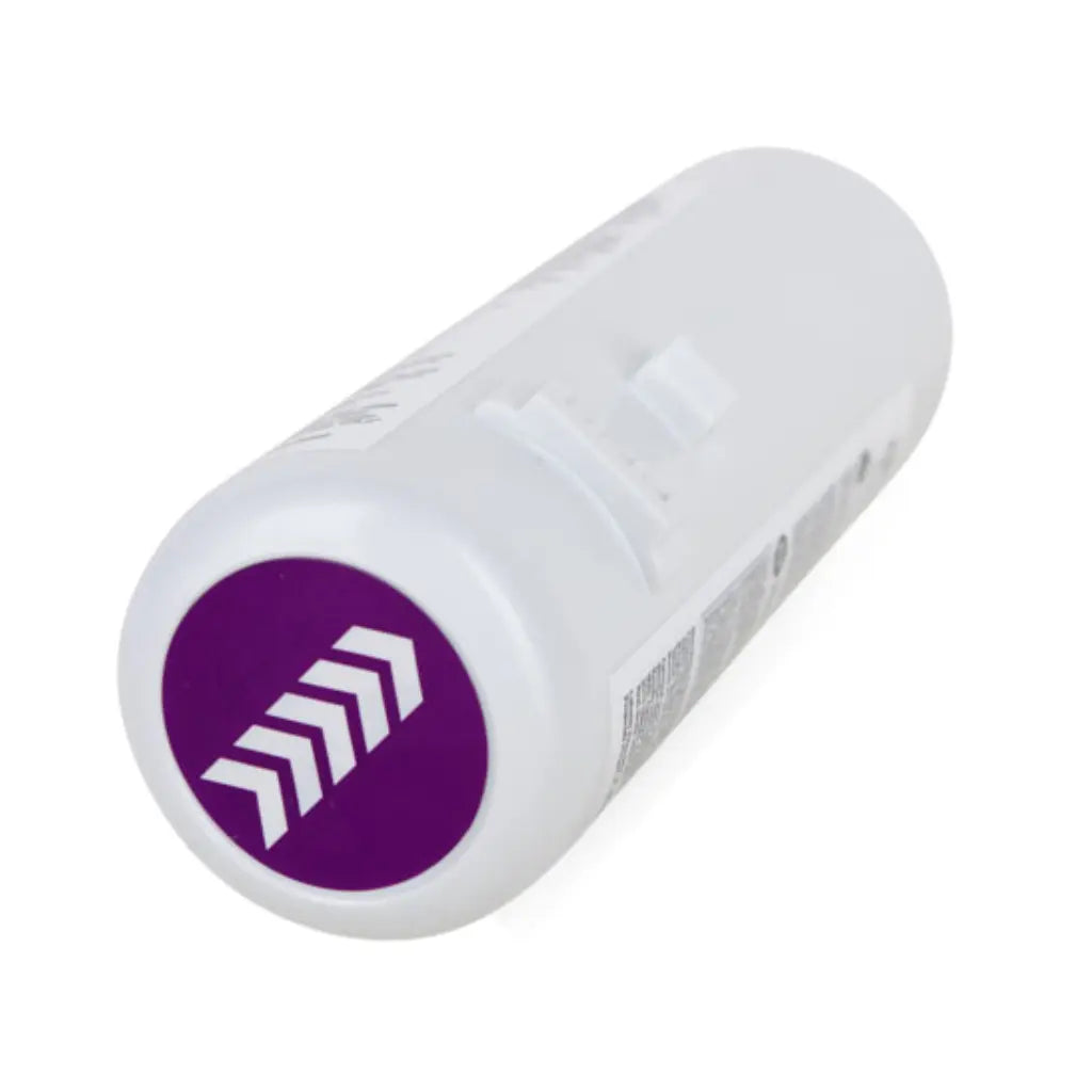 White cylindrical device with a purple circular logo featuring white arrows on a white background