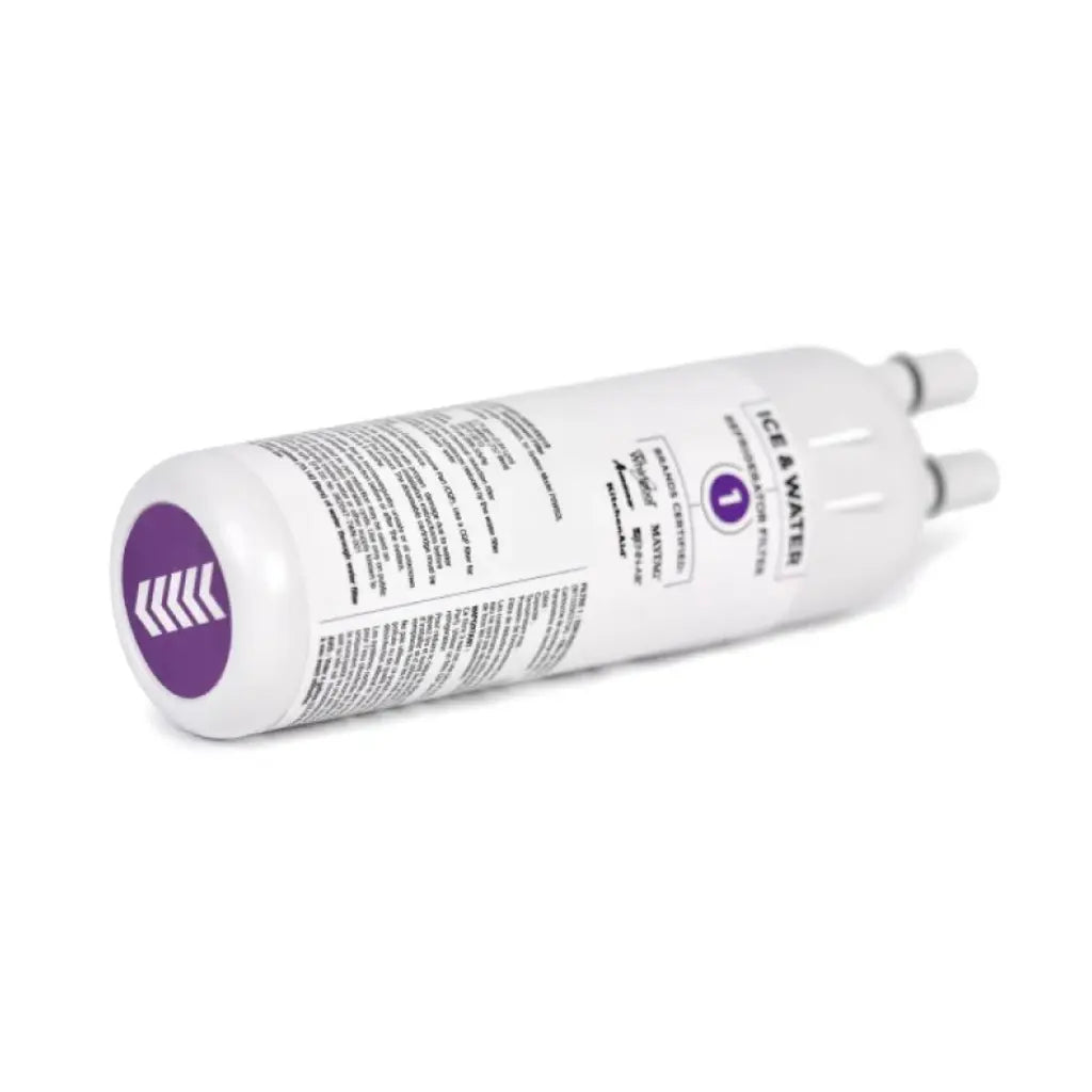 A white cylindrical water filter cartridge with a purple circular logo and printed text, shown on a plain white background.