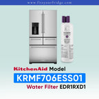KitchenAid water filter bottle next to a stainless steel French door refrigerator, with text reading 'KitchenAid Model KRMF706ESS00 Water Filter EDR1RXD1' on a pale blue gradient background.
