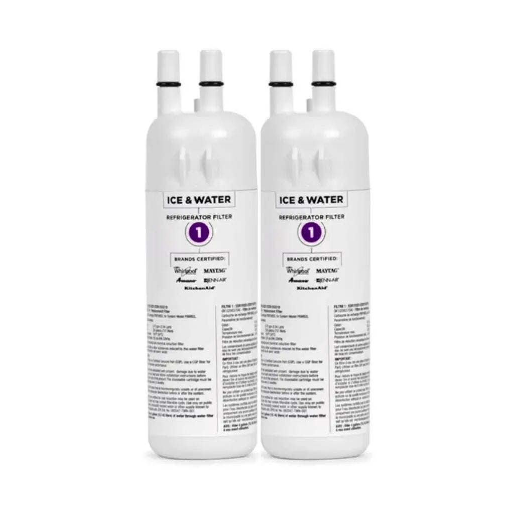 Two white refrigerator water filter cartridges on a white background