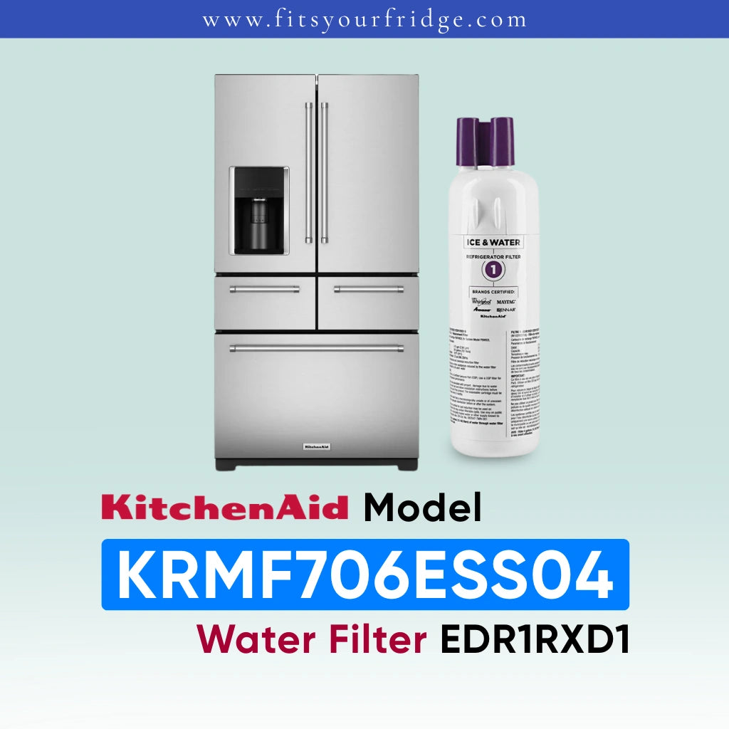 KitchenAid water filter replacement bottle shown next to a stainless steel French door refrigerator, with text identifying the model KRMF706ESS04 and part EDR1RXD1 on a light blue gradient background.