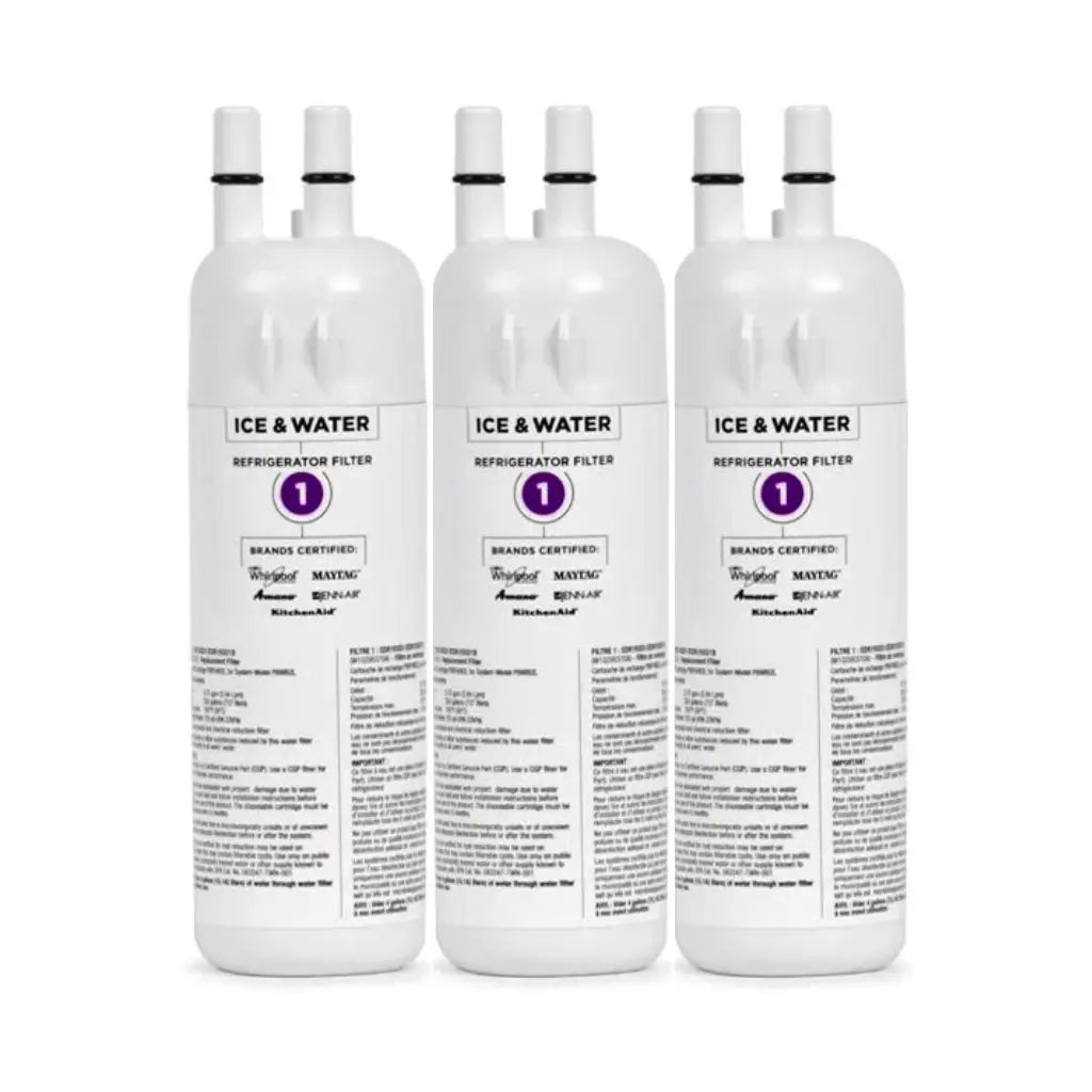 Four white refrigerator water filter bottles labeled 'ICE & WATER' arranged side by side on a white background.