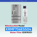 KitchenAid water filter replacement bottle shown next to a stainless steel refrigerator on a pale blue gradient background, with text reading 'KitchenAid Model KRMF706ESS04 Water Filter EDR1RXD1'.