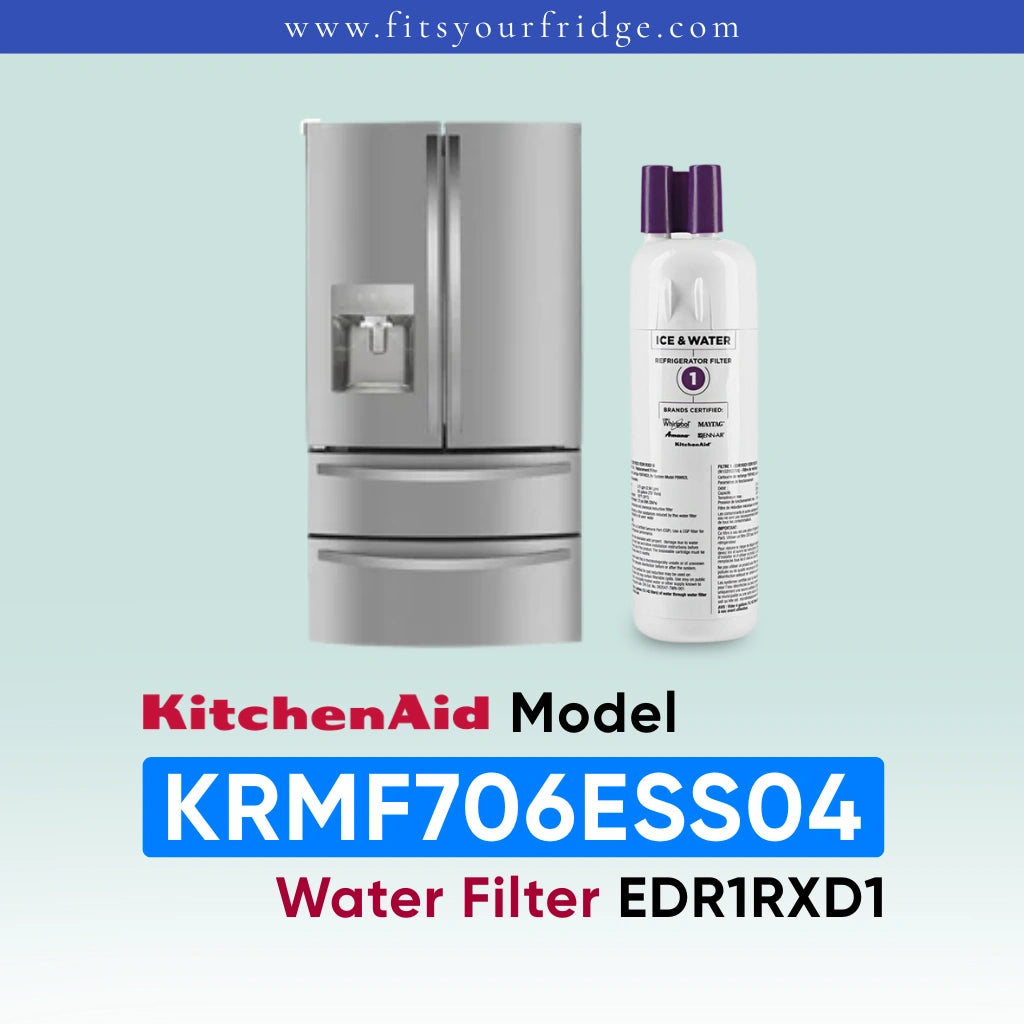 KitchenAid water filter replacement bottle shown next to a stainless steel refrigerator on a pale blue gradient background, with text reading 'KitchenAid Model KRMF706ESS04 Water Filter EDR1RXD1'.