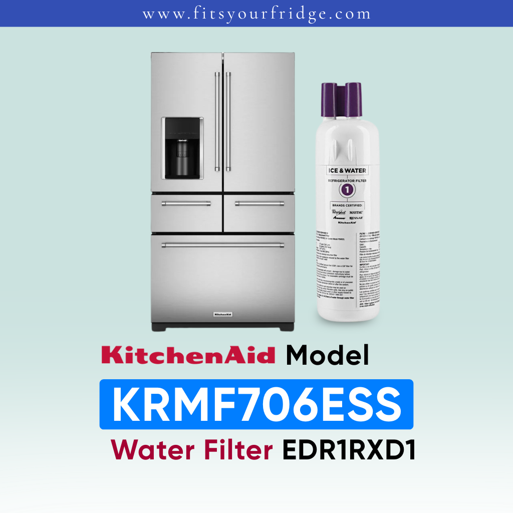 KitchenAid water filter replacement bottle next to a stainless steel French door refrigerator, with text reading 'KitchenAid Model KRMF706ESS Water Filter EDR1RXD1' on a pale blue gradient background.