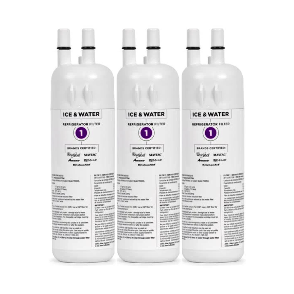 Three white refrigerator water filter cartridges with labels on a white background
