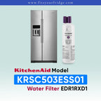 KitchenAid stainless steel refrigerator shown next to a water filter cartridge, with text reading 'KitchenAid Model KRSC503ESS01 Water Filter EDR1RXD1' on a pale blue gradient background.