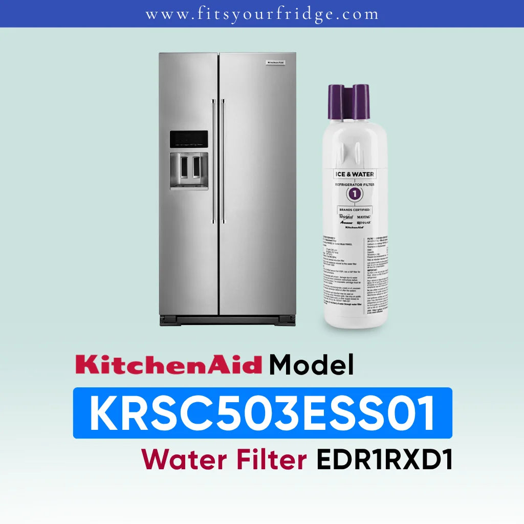 KitchenAid stainless steel refrigerator shown next to a water filter cartridge, with text reading 'KitchenAid Model KRSC503ESS01 Water Filter EDR1RXD1' on a pale blue gradient background.