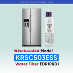 KitchenAid water filter replacement part for a stainless steel side-by-side refrigerator, shown next to the refrigerator with text overlays indicating the model KRSC503ESS and EDR1RXD1.