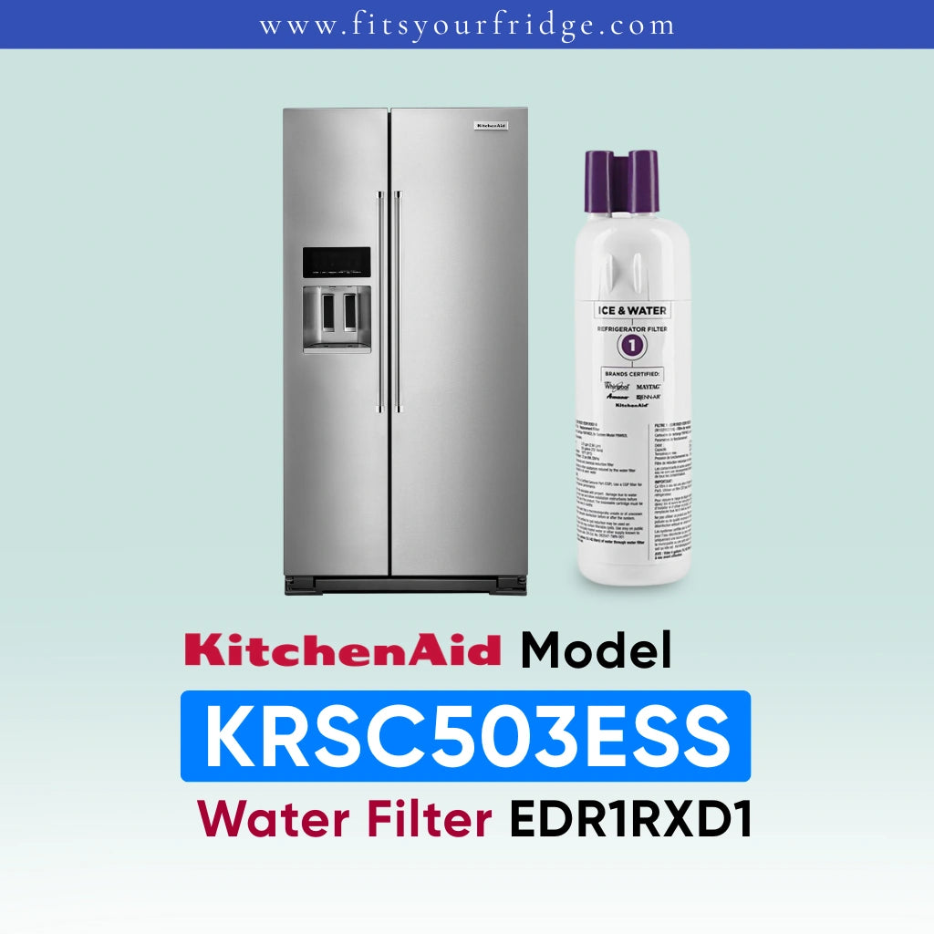 KitchenAid water filter replacement part for a stainless steel side-by-side refrigerator, shown next to the refrigerator with text overlays indicating the model KRSC503ESS and EDR1RXD1.