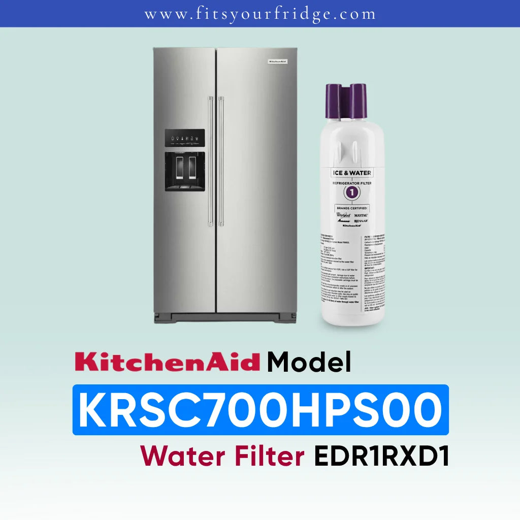 KitchenAid stainless steel refrigerator shown next to a water filter cartridge, with text reading 'KitchenAid Model KRSC700HPS00 Water Filter EDR1RXD1' on a pale blue gradient background.