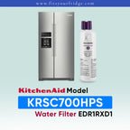 KitchenAid stainless steel refrigerator shown next to a water filter cartridge, with text reading 'KitchenAid Model KRSC700HPS Water Filter EDR1RXD1' on a pale blue gradient background.