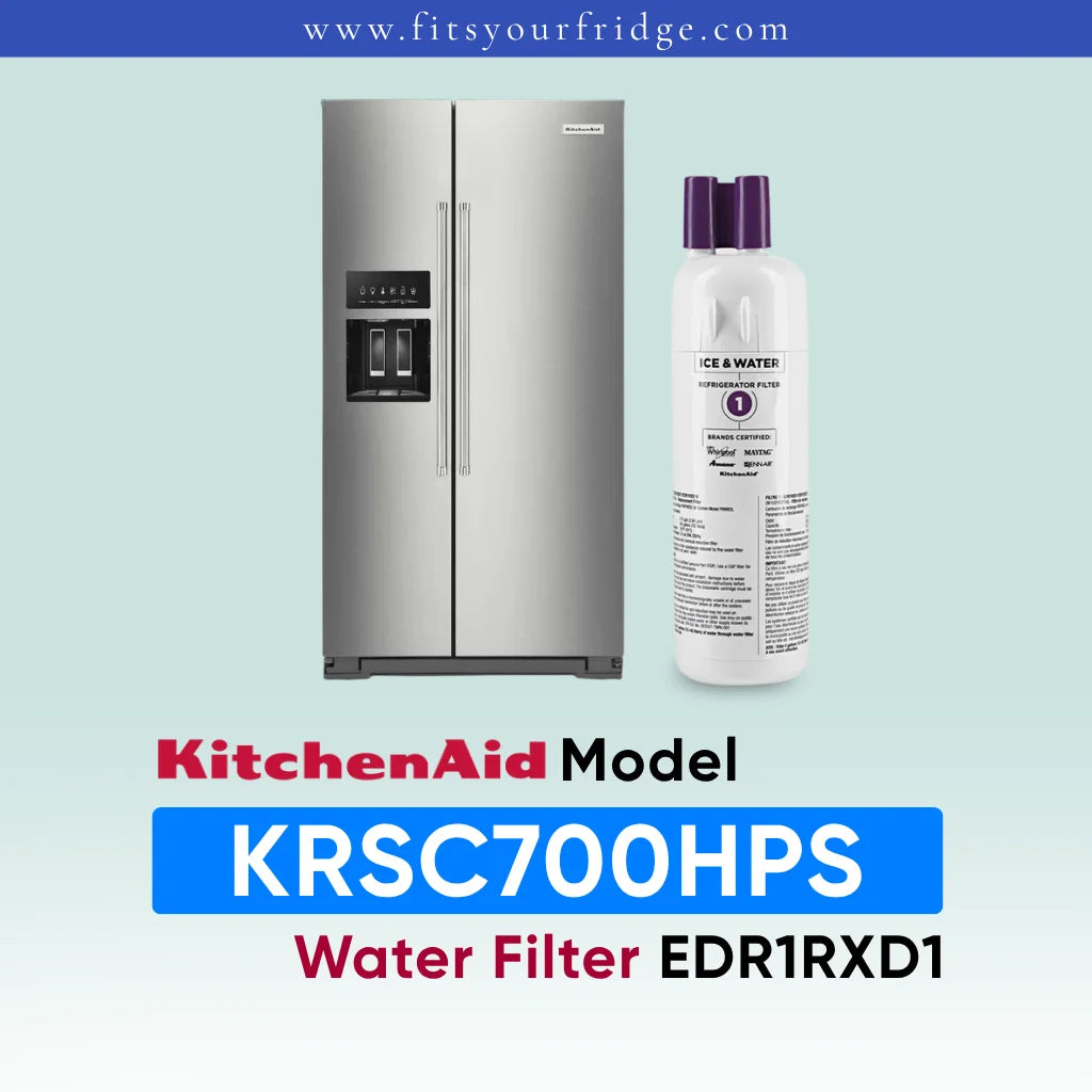 KitchenAid stainless steel refrigerator shown next to a water filter cartridge, with text reading 'KitchenAid Model KRSC700HPS Water Filter EDR1RXD1' on a pale blue gradient background.