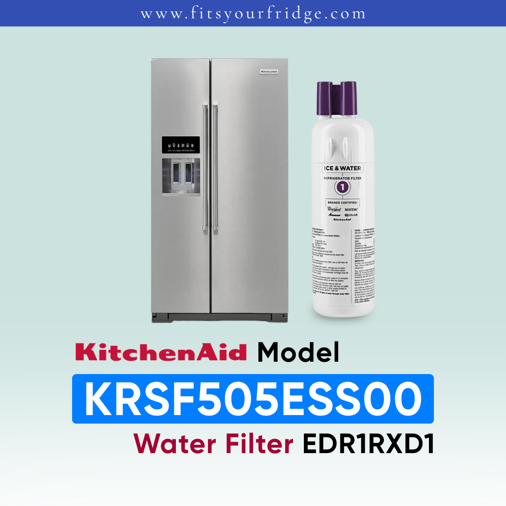 KitchenAid water filter bottle next to a stainless steel side-by-side refrigerator on a light blue gradient background with text reading 'KitchenAid Model KRSF505ESS00 Water Filter EDR1RXD1'.