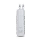A white cylindrical water filter cartridge with two connectors on top and printed black labels on its sides, shown against a plain white background.