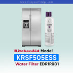 A stainless steel side-by-side refrigerator shown next to a white water filter canister with purple caps. Text below reads 'KitchenAid Model KRSF505ESS Water Filter EDR1RXD1' on a pale blue gradient background with a blue header reading 'www.