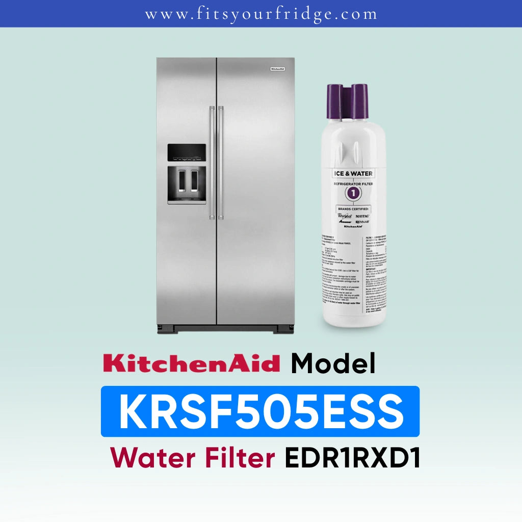 A stainless steel side-by-side refrigerator shown next to a white water filter canister with purple caps. Text below reads 'KitchenAid Model KRSF505ESS Water Filter EDR1RXD1' on a pale blue gradient background with a blue header reading 'www.