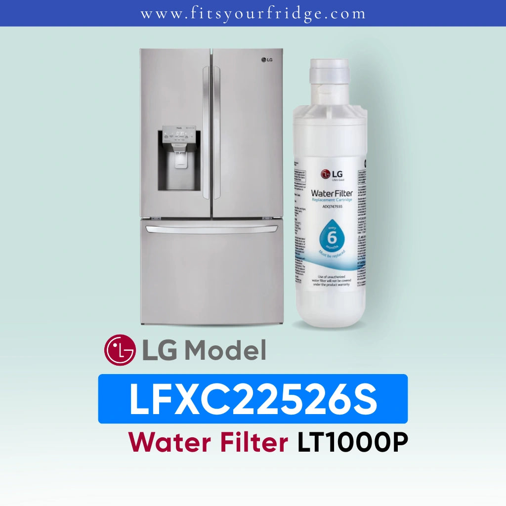 LG LFXC22526S refrigerator with water filter and bottle on a light blue background