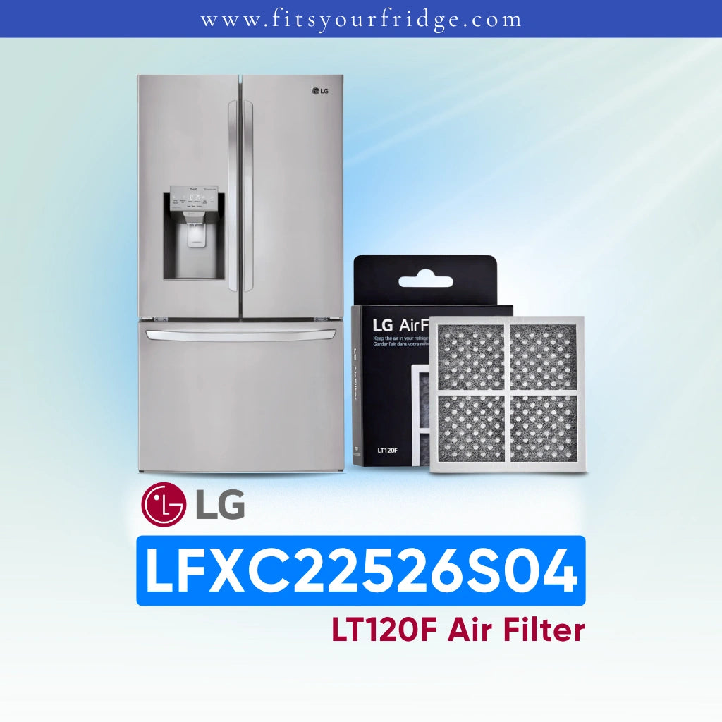 LG refrigerator LFXC22526S04 with air filter packaging on a gradient blue background