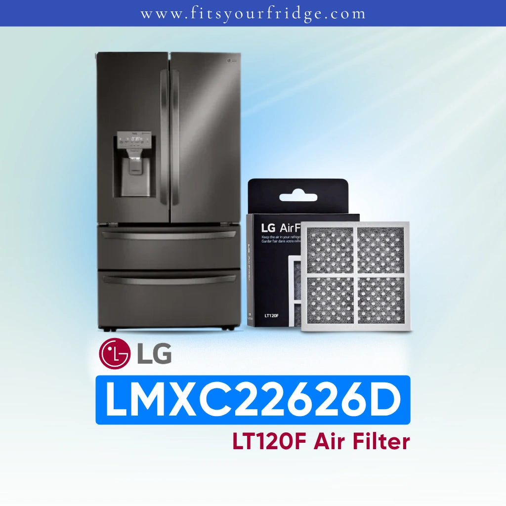 LG refrigerator LMXC22626D with air filter packaging on a light blue background