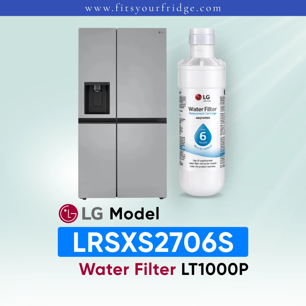 LG LRSXS2706S refrigerator with compatible LG LT1000P water filter shown beside a side-by-side stainless steel refrigerator, FitsYourFridge compatibility image for replacement refrigerator water filter.
