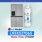 LG LRSXS2706S refrigerator with compatible LG LT1000P water filter shown beside a side-by-side stainless steel refrigerator, FitsYourFridge compatibility image for replacement refrigerator water filter.